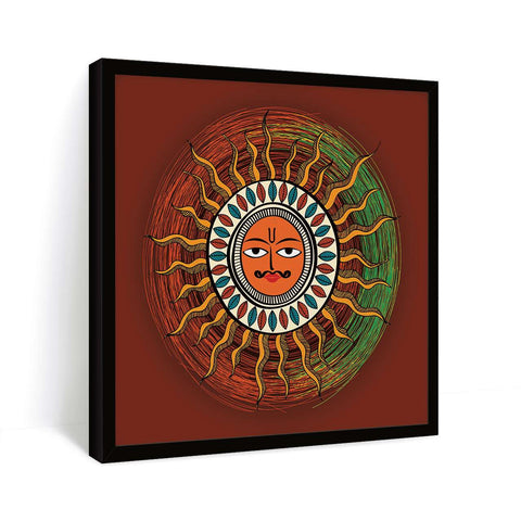 Madhubani painting of the sun with black frame