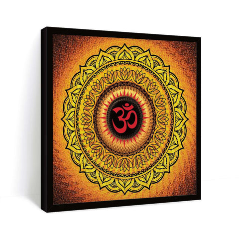 Mandala painting with Om in center on an orange background.