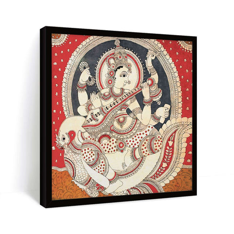 Madhubani painting of goddess saraswati ji sitting on a swan playing veena instrument in black frame