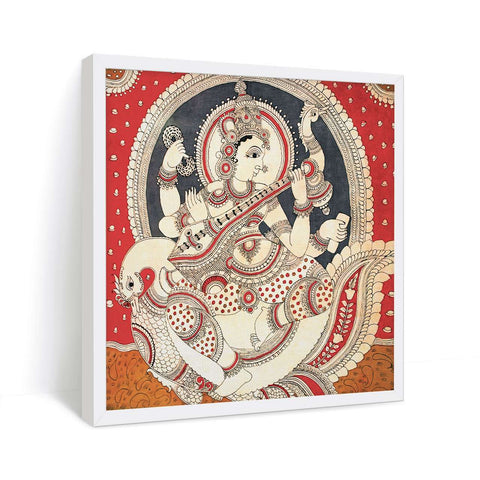 Madhubani painting of goddess saraswati ji sitting on a swan playing veena instrument in white frame