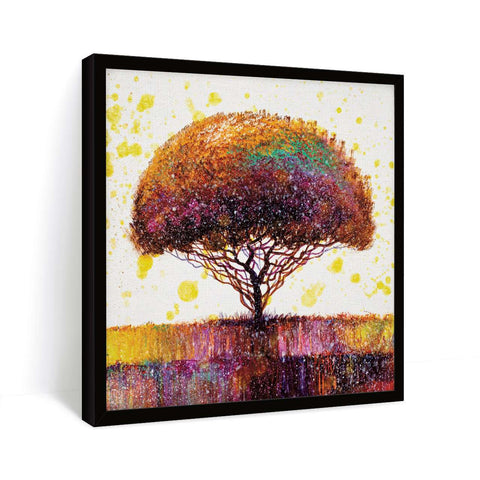 Abstract painting of a tree standing in a field with brush strokes over it