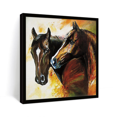 Two Horse Faces painting details capturing the depth of their emotions in black frame