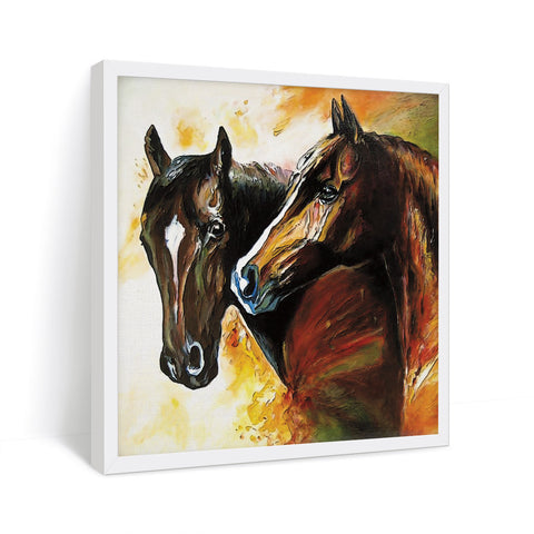 Two Horse Faces painting details capturing the depth of their emotions in white frame
