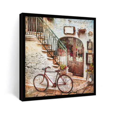 vintage scenery of a street with a bicycle standing in alley way in black frame 