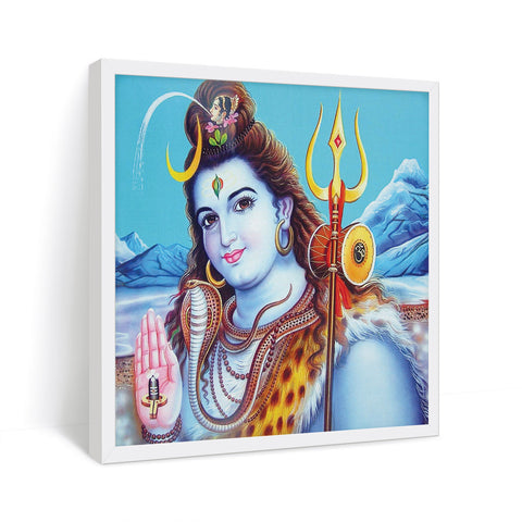 Shiv Shankar painting with him holding trident and river ganga coming out his hair in white frame