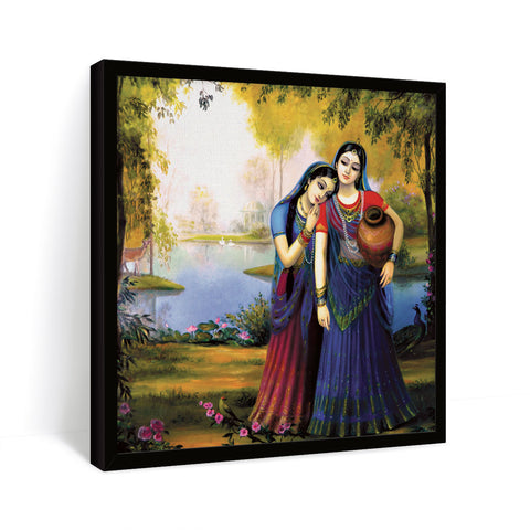 Two Indian ladies standing on river with one women holding mud pot painting in black frame