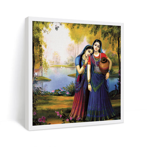 Two Indian ladies standing on river with one women holding mud pot painting in white frame