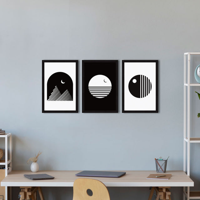 Abstract Art Paintings, Black and White Painting For Wall Living Room, Set of 3 AXIII-32-MOD