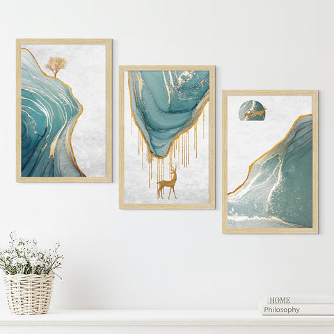 Golden Deer Painting for Wall Decoration | Luxury Deer Wall Art for Living Room, Set of 3 AXIII-42-DER