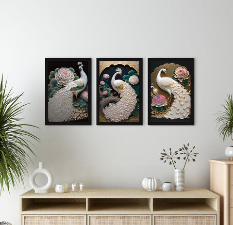 Peacock Abstract Art Paintings, Painting For Wall Living Room, Set of 3 AXIII-16-PEA