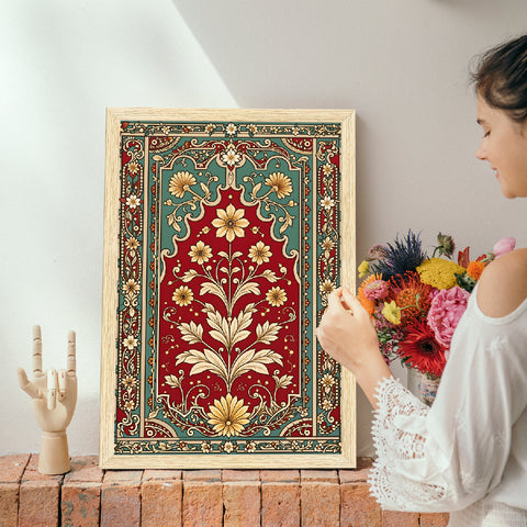 Woman holding a colorful floral tapestry with a plain wall and flowers painting with frame in the background