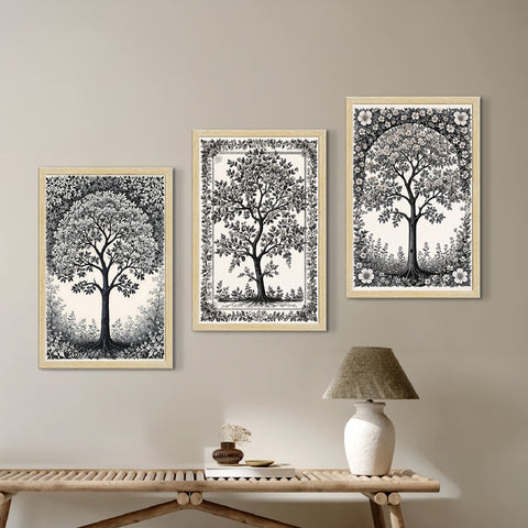 Black and White Floral Art Paintings, Painting For Wall Living Room, Set of 3 AXIII-47-VIN