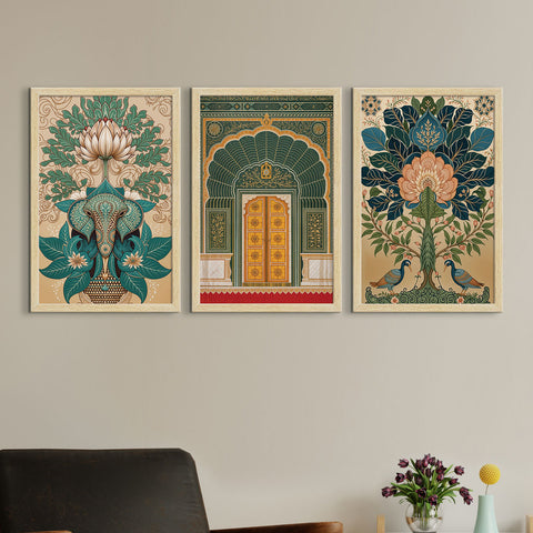 Floral Abstract Madhubani Art Paintings, Painting For Wall Living Room, Set of 3 AXIII-39