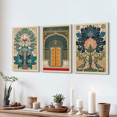 Floral Abstract Madhubani Art Paintings, Painting For Wall Living Room, Set of 3 AXIII-39