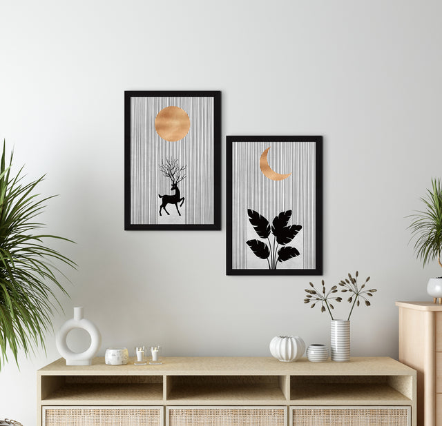 ArtX Boho Aesthetic Wall Decor Paintings with Frame for Home Decoration, Living Room, Bedroom, Office, Set Of 2 AXII-21-LEF