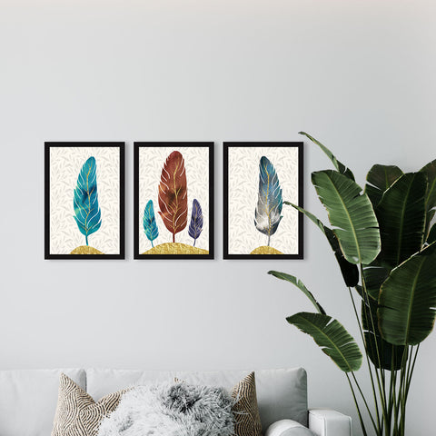 Feathers Abstract Art Paintings, Painting For Wall Living Room, Set of 3 AXIII-20-ABS