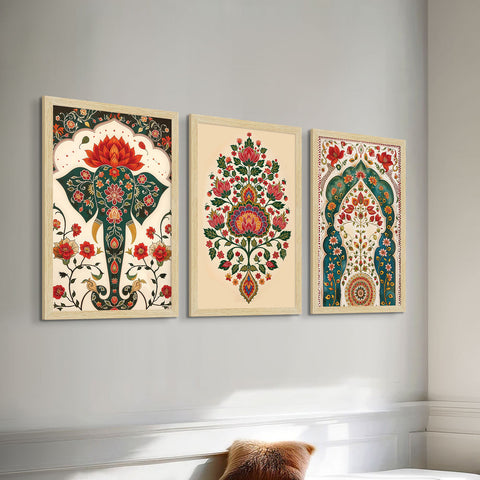 Elephant Floral Madhubani Art Paintings, Painting For Wall Living Room, Set of 3 AXIII-41
