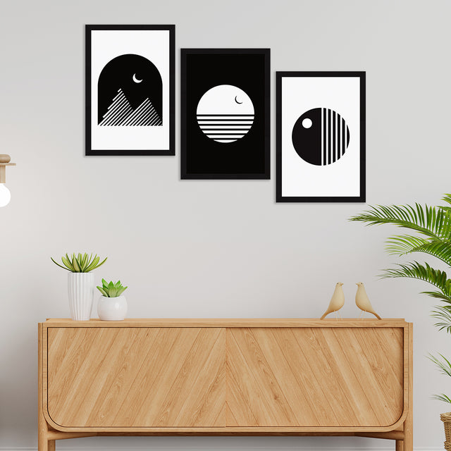 Abstract Art Paintings, Black and White Painting For Wall Living Room, Set of 3 AXIII-32-MOD