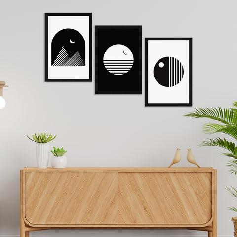 Abstract Art Paintings, Black and White Painting For Wall Living Room, Set of 3 AXIII-32-MOD