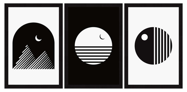 Abstract Art Paintings, Black and White Painting For Wall Living Room, Set of 3 AXIII-32-MOD