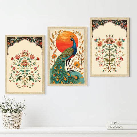 Peacock Floral Abstract Madhubani Art Paintings, Painting For Wall Living Room, Set of 3 AXIII-54-PEA