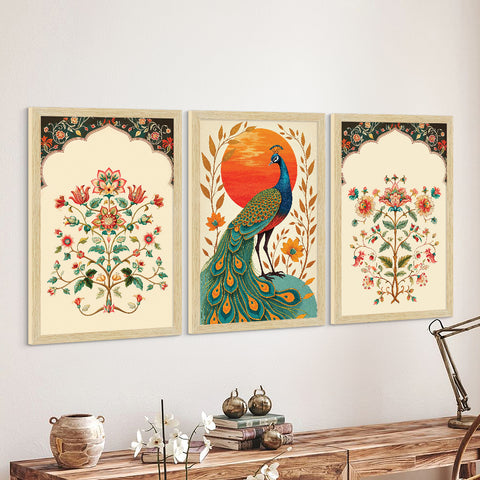 Peacock Floral Abstract Madhubani Art Paintings, Painting For Wall Living Room, Set of 3 AXIII-54-PEA