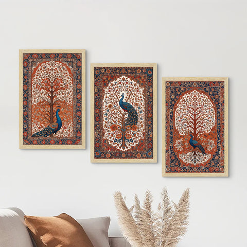 Peacock Abstract Madhubani Art Paintings, Painting For Wall Living Room, Set of 3 AXIII-56-PEA