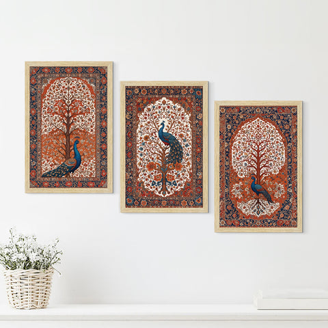 Peacock Abstract Madhubani Art Paintings, Painting For Wall Living Room, Set of 3 AXIII-56-PEA