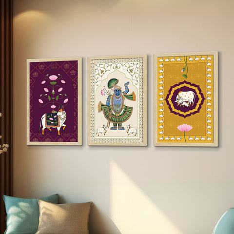 Shrinath Ji Pichwai Art Paintings, Painting For Wall Living Room, Set of 3 AXIII-40-SRN
