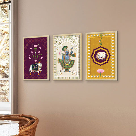 Shrinath Ji Pichwai Art Paintings, Painting For Wall Living Room, Set of 3 AXIII-40-SRN