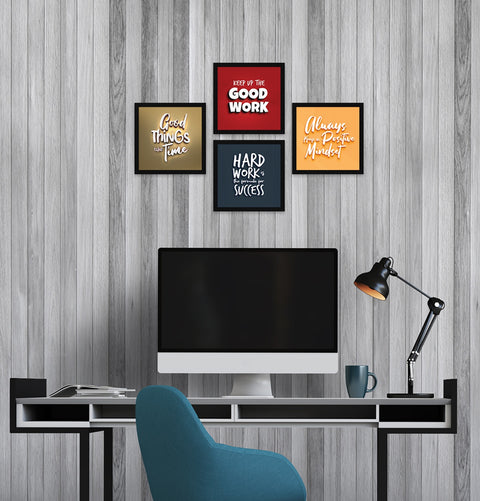 motivational quotes behind computer monitor on wooden wall background